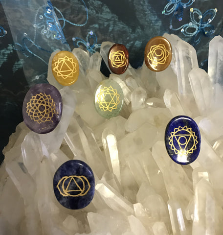 Chakra Stone Gift Set, Carved Chakra Symbols, Oval